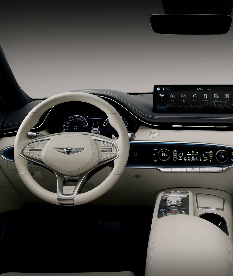 Interior of Genesis car showing steering wheel