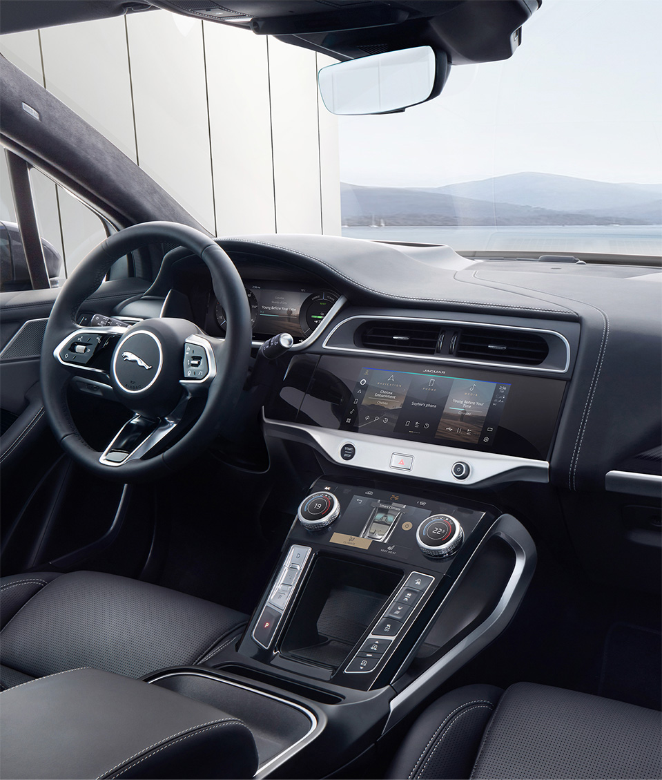 Interior view of Jaguar showing steering wheel