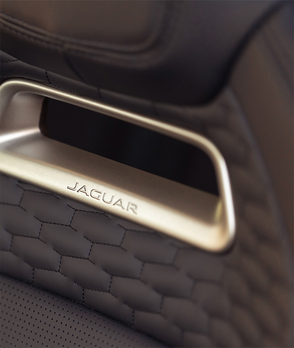 Interior of Jaguar with Jaguar logo