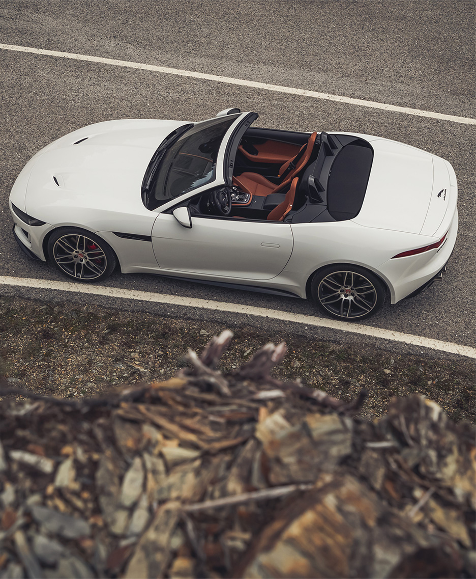 Top view of white Jaguar convertible