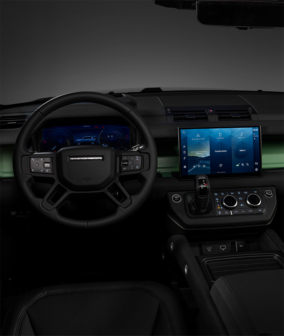 Interior shot of Land Rover steering wheel
