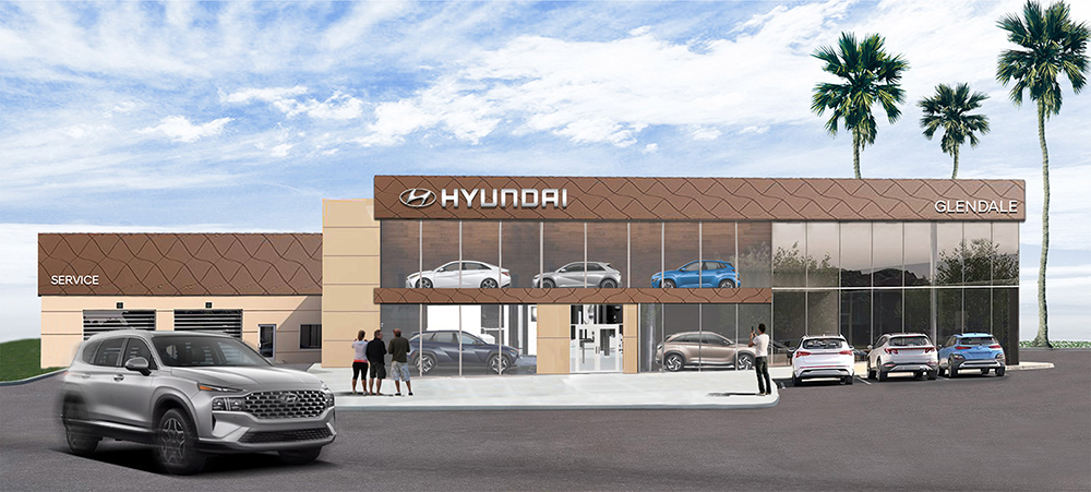 Outside of Hyundai Glendale dealership with Hyundai car parked in front